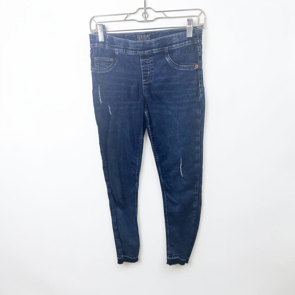 Justice Girls Size 14 Mid Rise Legging Jeans Dark Wash Distressed Rhinestone Hem